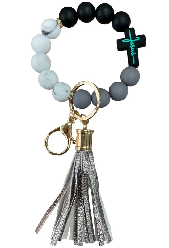 BB139X188 Silicone Beaded Jesus Cross Keychain Bracelet