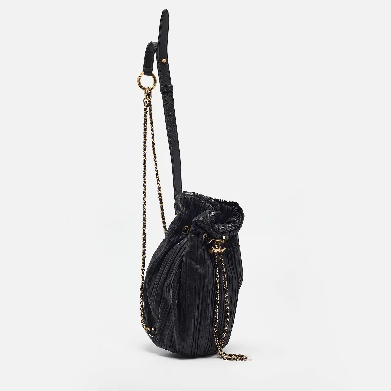 Chanel Black Shimmer Leather Coco Pleats Sling Backpack