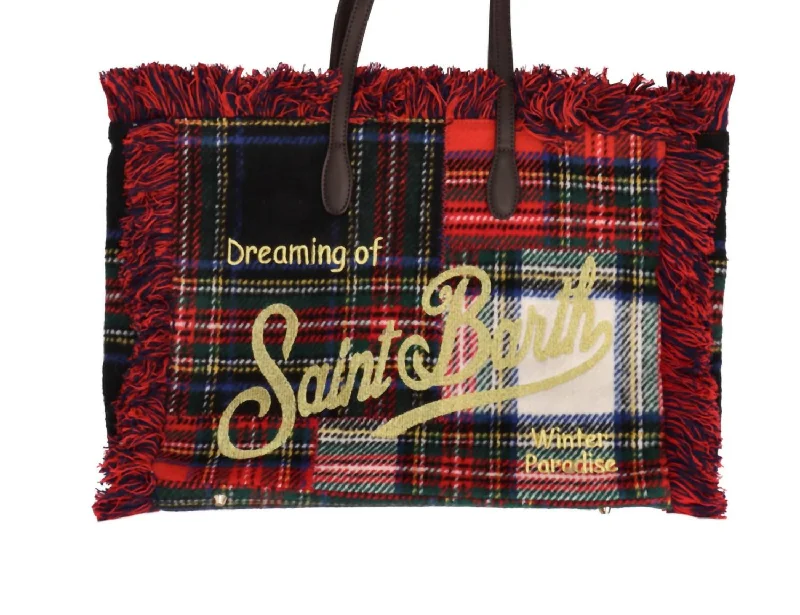 Check Patchwork Handbag Tote Wool Leather in Red Tartan