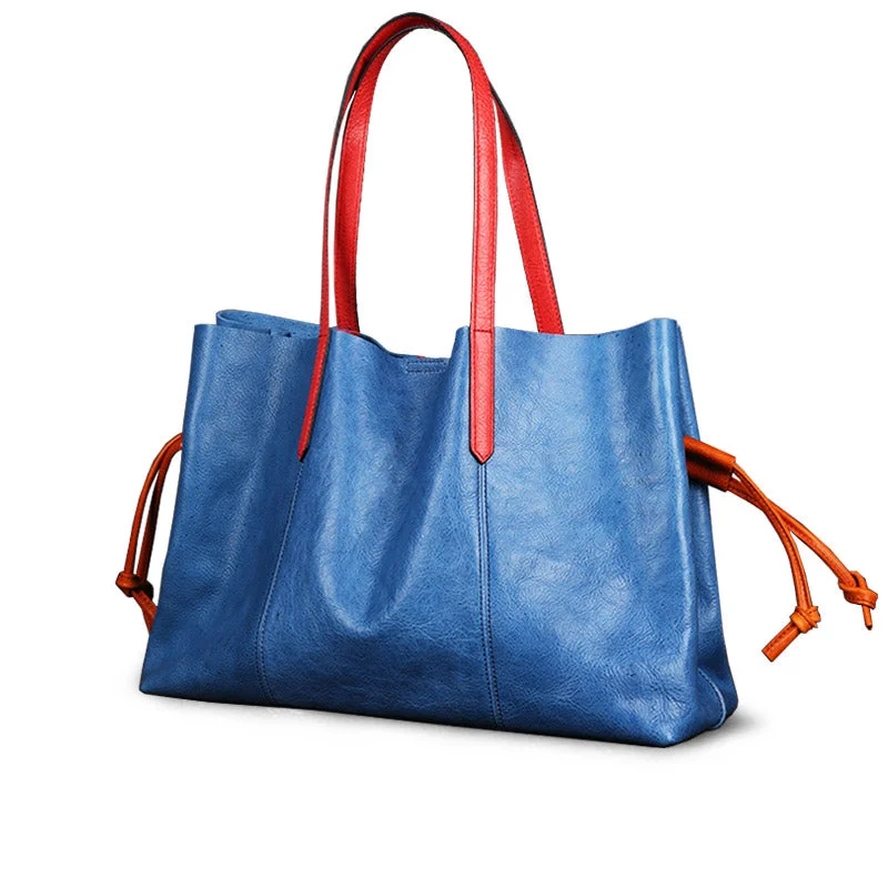 Blue Womens Genuine Leather Tote Handbags Purses Shouder Bags for Women