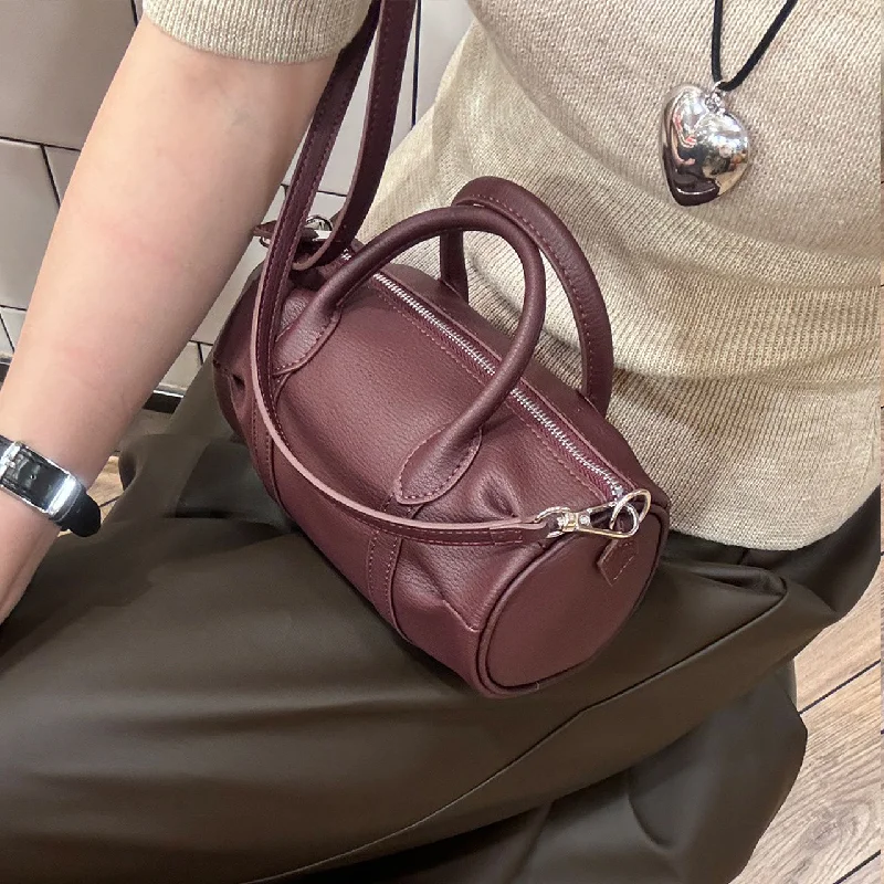 [PD0769]20cm Mini Pillow Bucket Bag - Premium Top-Grain Leather Handbag with Versatile Handles and Crossbody Strap PD0769