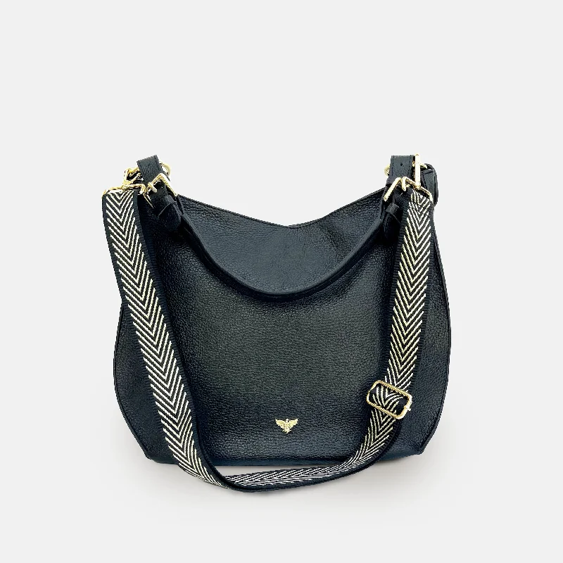 The Harriet Black Leather Bag With Black & Gold Chevron Strap